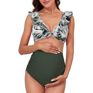 imageSummer Mae Maternity High Waist Swimsuit Two Piece Ruffle Bikini Bathing Suit Floral VNeck Pregnancy SwimwearFlying Leaf Waltz