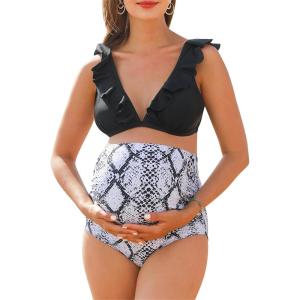 imageSummer Mae Maternity High Waist Swimsuit Two Piece Ruffle Bikini Bathing Suit Floral VNeck Pregnancy SwimwearSnakeskin