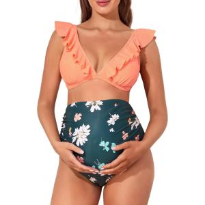 imageSummer Mae Maternity High Waist Swimsuit Two Piece Ruffle Bikini Bathing Suit Floral VNeck Pregnancy SwimwearVery Daisy