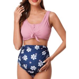 imageSummer Mae Maternity Ribbed TwoPiece Swimsuit Front Knot Crop Top Bikini High Waisted Pregnancy Bathing SuitWild Daisy