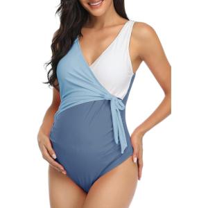 imageSummer Mae Maternity Swimsuit One Piece Tie Front Bathing Suit V Neck Pregnancy Swimwear High CutBaby Blue White