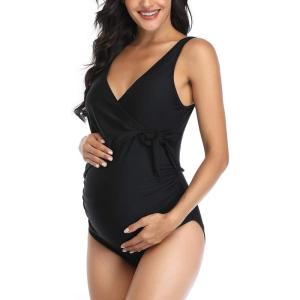 imageSummer Mae Maternity Swimsuit One Piece Tie Front Bathing Suit V Neck Pregnancy Swimwear High CutBlack