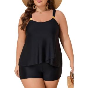 imageSummer Mae Plus Size Swimsuit Tankini for Women Two Piece Flowy Bathing Suit Ruffle Tummy Control Swimwear with ShortBlack