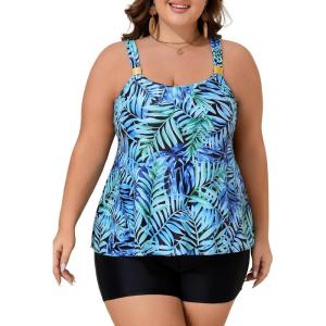 imageSummer Mae Plus Size Swimsuit Tankini for Women Two Piece Flowy Bathing Suit Ruffle Tummy Control Swimwear with ShortBlack Background Leaves