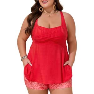 imageSummer Mae Plus Size Tankini Swimsuits for Women Two Piece Bathing Suit with Pockets Shorts Tummy Control SwimwearRibbed Candy Powder