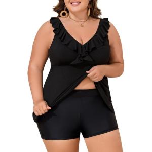 imageSummer Mae Ribbed Plus Size Tankini Swimsuits for Women Ruffle Two Piece Bathing Suit with Boyshorts 2025 SwimwearBlack