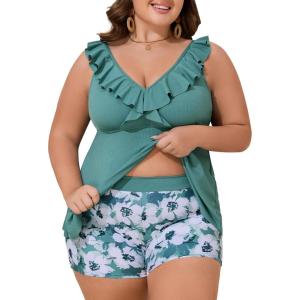 imageSummer Mae Ribbed Plus Size Tankini Swimsuits for Women Ruffle Two Piece Bathing Suit with Boyshorts 2025 SwimwearFragrant Flower Story