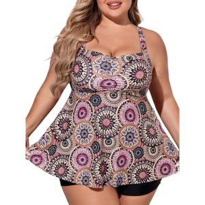 imageSummer Mae Women Plus Size Two Piece Tankini Swimsuits Flowy Bathing Suits Tummy Control Swimwear with ShortsBrown Rotating Flower