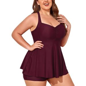 imageSummer Mae Women Plus Size Two Piece Tankini Swimsuits Flowy Bathing Suits Tummy Control Swimwear with ShortsPlum