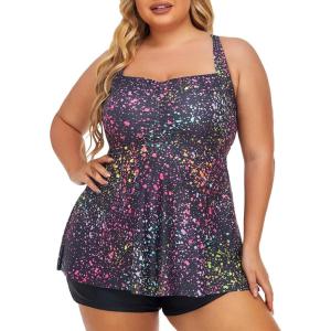 imageSummer Mae Women Plus Size Two Piece Tankini Swimsuits Flowy Bathing Suits Tummy Control Swimwear with ShortsStar Whole Sky