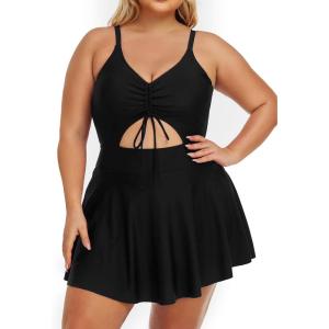 imageSummer Mae Womens Plus Size One Piece Swim Dress Floral Cutout Swimsuits VNeck Bathing Suit with SkirtBlack