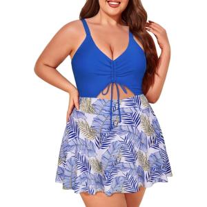 imageSummer Mae Womens Plus Size One Piece Swim Dress Floral Cutout Swimsuits VNeck Bathing Suit with SkirtBlue Leaves