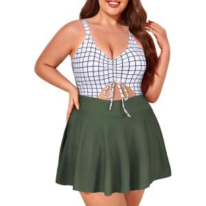 imageSummer Mae Womens Plus Size One Piece Swim Dress Floral Cutout Swimsuits VNeck Bathing Suit with SkirtGrid