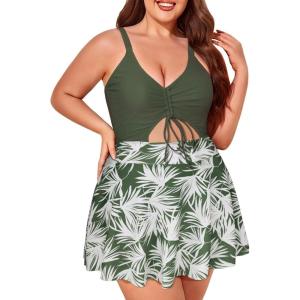 imageSummer Mae Womens Plus Size One Piece Swim Dress Floral Cutout Swimsuits VNeck Bathing Suit with SkirtLeaf Waltz
