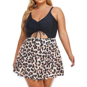 imageSummer Mae Womens Plus Size One Piece Swim Dress Floral Cutout Swimsuits VNeck Bathing Suit with SkirtLeopard Ocelot