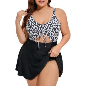 imageSummer Mae Womens Plus Size One Piece Swim Dress Floral Cutout Swimsuits VNeck Bathing Suit with SkirtLeopardmonochrome