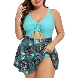 imageSummer Mae Womens Plus Size One Piece Swim Dress Floral Cutout Swimsuits VNeck Bathing Suit with SkirtUmbral Leaf Conopy