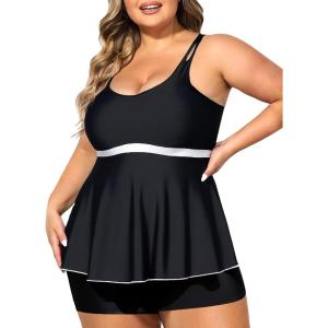 imageSummer Mae Womens Plus Size Tankini Cutout Two Piece SwimsuitColor Block Flowy Tummy Control 2025 Bathing Suits with ShortsBlack