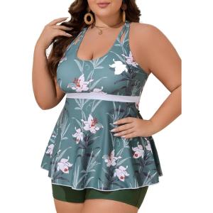 imageSummer Mae Womens Plus Size Tankini Cutout Two Piece SwimsuitColor Block Flowy Tummy Control 2025 Bathing Suits with ShortsCluster of Lily Fragrance