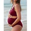 imageSummer Mae Maternity Ribbed High Waist Swimsuit Crop Top Bikini Bathing Suit High Cut Two Piece Pregnancy SwimwearWine Red