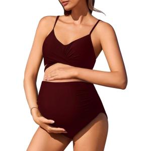 imageSummer Mae Maternity Criss Cross Bikini Swimsuits High Waist String Floral Bathing Suit Two Piece Pregnancy SwimwearWine Red