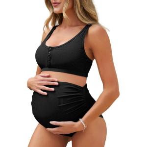 imageSummer Mae Maternity Ribbed High Waist Swimsuit Crop Top Bikini Bathing Suit High Cut Two Piece Pregnancy SwimwearBlack