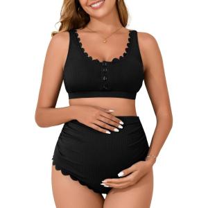 imageSummer Mae Maternity Ribbed High Waist Swimsuit Crop Top Bikini Bathing Suit High Cut Two Piece Pregnancy SwimwearScalloped Black