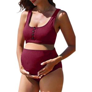 imageSummer Mae Maternity Ribbed High Waist Swimsuit Crop Top Bikini Bathing Suit High Cut Two Piece Pregnancy SwimwearWine Red