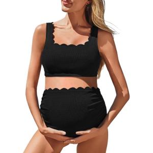 imageSummer Mae Scalloped Maternity Swimsuits for Women High Waist Bathing Suit Pregnancy TwoPiece Bikini Tie Knot Swimwear Black 8