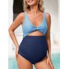 imageSummer Mae Maternity Cutout One Piece Swimsuit Twist Front CrissCross Bathing Suit High Waisted Pregnancy SwimwearBlue Splicing