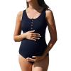 imageSummer Mae Womens Maternity Tummy Control Swimsuit Ribbed One Piece Bathing Suit Button Neck Swimwear Navy Blue XLarge