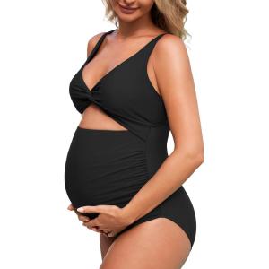 imageSummer Mae Maternity Cutout One Piece Swimsuit Twist Front CrissCross Bathing Suit High Waisted Pregnancy SwimwearBlack