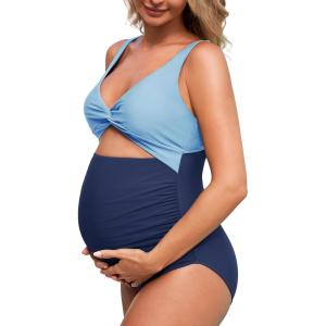 imageSummer Mae Maternity Cutout One Piece Swimsuit Twist Front CrissCross Bathing Suit High Waisted Pregnancy SwimwearBlue Splicing