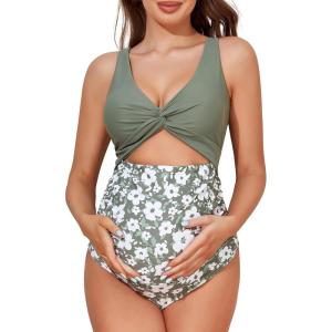 imageSummer Mae Maternity Cutout One Piece Swimsuit Twist Front CrissCross Bathing Suit High Waisted Pregnancy SwimwearGarden Veil Bliss