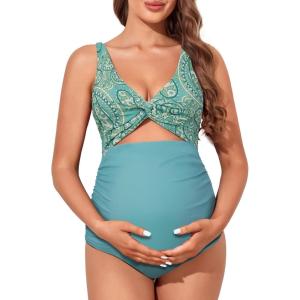 imageSummer Mae Maternity Cutout One Piece Swimsuit Twist Front CrissCross Bathing Suit High Waisted Pregnancy SwimwearOcean Blue