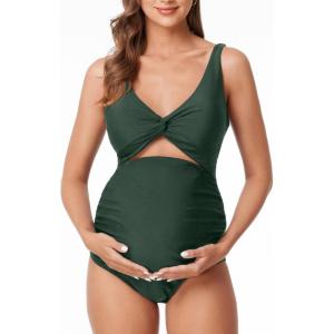 imageSummer Mae Maternity Cutout One Piece Swimsuit Twist Front CrissCross Bathing Suit High Waisted Pregnancy SwimwearOlive