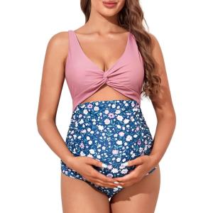imageSummer Mae Maternity Cutout One Piece Swimsuit Twist Front CrissCross Bathing Suit High Waisted Pregnancy SwimwearPink Blue Bouquet