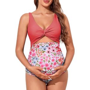 imageSummer Mae Maternity Cutout One Piece Swimsuit Twist Front CrissCross Bathing Suit High Waisted Pregnancy SwimwearPink Floral