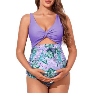 imageSummer Mae Maternity Cutout One Piece Swimsuit Twist Front CrissCross Bathing Suit High Waisted Pregnancy SwimwearPurple Grove