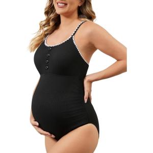 imageSummer Mae Maternity Swimsuit One Piece Bathing Suit Button Neck Cross BackBlack Shell Stitched