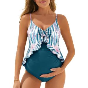 imageSummer Mae Maternity Swimsuit One Piece Ruffle Cutout Pregnancy Bathing Suit Lace Up SwimwearCactus