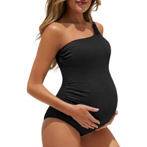 imageSummer Mae Maternity Swimsuit One Piece One Shoulder Ribbed Pregnancy Bathing SuitBlack