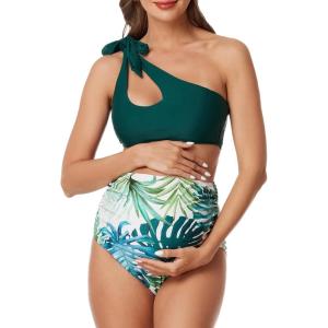 imageSummer Mae Maternity TwoPiece Swimsuit Bikini Set Cutout One Shoulder Bathing Suit Tie Side Pregnancy Swimwear Delicate Foliage Large