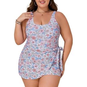 imageSummer Mae Plus Size Swimsuit for Women One Piece Swim Dress Tummy Control Bathing Suit with Flowy Skirt Modest SwimwearRomantic Floral Fragments