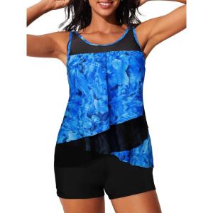 imageSummer Mae Womens Mesh Tankini Swimsuit Layered Bathing Suit Ruffle Two Piece Tummy Control Sporty Pockets ShortsBlue Universe