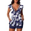 imageSummer Mae Womens VNeck Tankini Swimsuits 2025 with Ruffle Sleeves Tummy Control Boyshorts Bathing Suits with PocketsBlue and White Floral