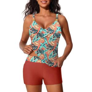 imageSummer Mae Womens Modest Tankini Swimsuits with Shorts 2025 Tummy Control Bathing Suits with Side Pockets SwimwearBloom Shadow