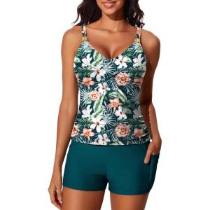 imageSummer Mae Womens Modest Tankini Swimsuits with Shorts 2025 Tummy Control Bathing Suits with Side Pockets SwimwearVerdant Trace