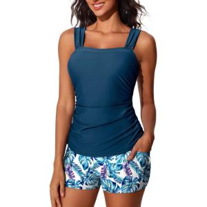 imageSummer Mae Womens Tankini Swimsuits Ruched Tummy Control Bathing Suits Two Piece Swimwear with Sporty Shorts 2025Beige Teal Foliage