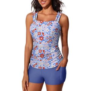 imageSummer Mae Womens Tankini Swimsuits Ruched Tummy Control Bathing Suits Two Piece Swimwear with Sporty Shorts 2025Blue With Pink Floral